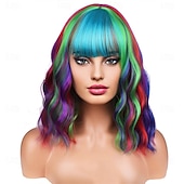 baratos Perucas de Carnaval-Peruca de Carnaval Vermelho Azul Roxo Encaracolado Curto Peruca sintética para festivais Mardi Gras Parada Cabelo para fantasia de cosplay para Feminino