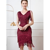 baratos Vestidos dos anos 1920-Roaring 20s 1920s Knee Length Flapper Dress Sleeveless The Great Gatsby Flapper Girl Sequins Fringe V Neck Fancy Dress Women's Christmas Carnival speakeasy Masquerade Retro Theme Party Adults Dress