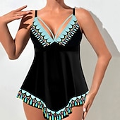 baratos Tankinis-Mulheres Roupa de Banho 2 partes Slip roupa de banho Frente Única Férias Roupa de Praia Floral Decote V Sem Manga Fatos de banho