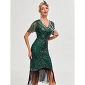 preiswerte 1920er Kleider-Goldene Zwanziger 1920er Knielang Flapper Kleid Kurze Ärmel Der große Gatsby Flapper-Mädchen Pailletten Fransen V Ausschnitt Kostüm Damen Weihnachten Karneval Abendgesellschaft Flüsterkneipe Maskerade