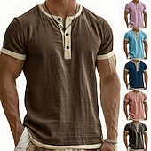billige Casual T-skjorter for menn-Herre T skjorte Henly-skjorte T-skjorter Kortermet skjorte Kortermet Henley Sommer Vår Fargeblokk Mote Designer Grunnleggende Lapper Feriereise Gate Ut på byen Blå Svart Rosa Topp T-skjorte for menn