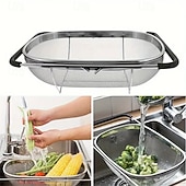 abordables Utensilios para frutas y verduras-Cesta plegable y extensible de acero inoxidable para fregadero con mango telescópico: escurridor de platos compacto y resistente de acero inoxidable 304, ideal para almacenar frutas, arroz y pasta.