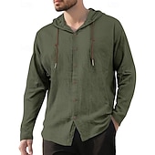 economico Camicie di lino-Per uomo Camicia Camicia di lino Camicia Estiva Camicia da Spiaggia Semplice Vacanza Casuale Nero Bianco Blu marino Cachi Manica Lunga Con Cappuccio Primavera Autunno Abbigliamento Coulisse
