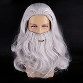 abordables Pelucas de fiesta-Peluca y barba largas y rizadas blancas para hombre, disfraz de anciano Papá Noel, mago o cosplay.
