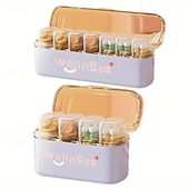 abordables almacenamiento de equipaje y viajes-2 pastilleros portátiles con recordatorio de medicación diaria – mini frascos de medicamentos de viaje, 7 días, 3 compartimentos, impermeables &amp;organizador a prueba de humedad