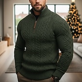baratos suéter pulôver masculino-Homens camisolas de natal Pulôver suéter Cabo Tricotar Tops regulares Tricotado Quarter Zip Tecido Colarinho Chinês Contemporâneo Moderno Casual Natal Trabalho Roupa Primavera Outono &amp; inverno Azul