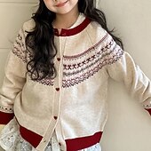 cheap Sweaters &amp; Cardigans-Kids Girls' Cardigan Sweater Heart Outdoor Long Sleeve Button Up Fashion 4-12 Years Fall Beige