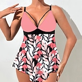 baratos Tankinis-Mulheres Roupa de Banho 2 partes Slip roupa de banho Frente Única Férias Roupa de Praia Floral Decote V Sem Manga Fatos de banho