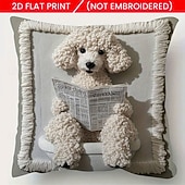  Capa de almofada com estampa plana 2D de cachorro lendo, macia e de pelúcia curta, com bordado falso, para sofá, quarto, sala de estar e decoração de casa. Não inclui enchimento.