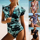 levne Jednodílné plavky-Dámské jedndílné plavky zeštíhlující zip přední palm monokini kontrola břicha vysoký pas slim dovolená plážové oblečení květinové listy kulatý výstřih krátké rukávy plavky