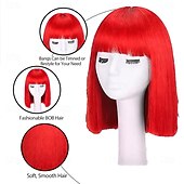 voordelige Carnaval pruiken-Carnavalpruik 2026 Roze Rood Blauw Recht Bob Kort Synthetische festivalpruik Mardi Gras Parade Cosplay Kostuum Haar voor Dames