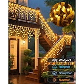 billiga Solsträngljus-Solcellsdrivna vattentäta julispljus 10 meter 400 lysdioder 48 droppar 8-funktions timer fjärrkontroll genomskinlig tråd anslutningsbar ljusslinga innergård balkong träd veranda takfot dekorativa ljus