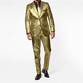 Недорогие Мужские Классические Пиджаки-Муж. Блейзер Комплект Выступление Для сцены Свадебные прием Винтаж Мода Весна Осень Полиэстер Сплошной цвет Карман Блеск Удобный Однобортный крой Блейзер Серебряный Золотой