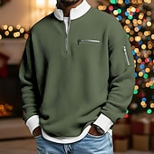 Недорогие Мужские повседневные футболки-Муж. Футболка с вафельным рисунком Футболка Длинный рукав Половина молния Осень Наступила зима Сплошной цвет Традиционный / винтаж На каждый день Цветовые блоки Карман на молнии