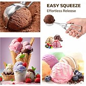 رخيصةأون أدوات وأجهزة المطبخ-مجموعة مغارف آيس كريم مكونة من 3 قطع، مغرفة آيس كريم من الفولاذ المقاوم للصدأ مع إطلاق الزناد، مغرفة كوكيز للخبز، مغرفة عجينة كوكيز