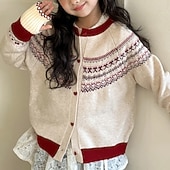 cheap Sweaters &amp; Cardigans-Kids Girls' Cardigan Sweater Heart Outdoor Long Sleeve Button Up Fashion 4-12 Years Fall Beige