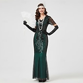preiswerte 1920er Kleider-Set Goldene Zwanziger 1920er Knöchellänge Lange Länge Kleid Abendkleid Outfits mit Zubehör Illusionsärmel Kurze Ärmel Der große Gatsby Hochzeitsgast Pailletten Pailletten Halloween V Ausschnitt Kostüm