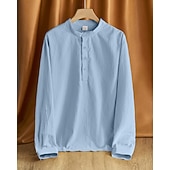 economico Camicie di lino-Per uomo Camicia Camicia di lino Camicia popover Camicia casual Camicia di cotone Semplice Vacanza Camicia hawaiana Nero Bianco Cachi Verde militare Manica Lunga Colletto alla coreana Primavera