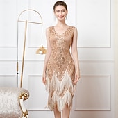 cheap 1920s Dresses-Roaring 20s 1920s Knee Length Dress Wedding Party Bachelor Party Sleeveless The Great Gatsby Wedding Guest Sequins Fringe V Neck Fancy Dress Women's Christmas Carnival Evening Party Party speakeasy