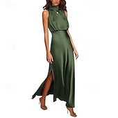 baratos Vestido Simples-Mulheres Vestido Longo Vestido Maxi vestido de cetim Vestido de formatura Vestido de festa Elegante Moderno Festa de Noite Festa Ocasião Especial Normal Tecido Sem Manga Colarinho Chinês água azul