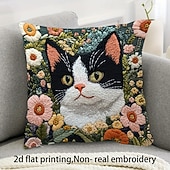 Capa de almofada decorativa com estampa plana 2D de gato preto, com bordado decorativo para sofá. O detalhe em bordado falso no centro adiciona um toque divertido e charmoso à sala de estar.