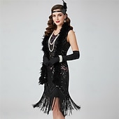 economico Abiti degli anni '20-Set Anni Ruggenti Anni 1920 Lunghezza al ginocchio Vestito Abito Flapper Abiti con accessori Senza maniche Il grande Gatsby Charleston Invitato al matrimonio Paillettes Frangia con nappe Piuma Scollo