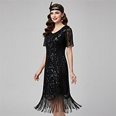 baratos Vestidos dos anos 1920-Loucos anos 20 Anos 20 Até os Joelhos Comprimento Curto Vestido melindroso Ilusão Mangas curtas O Grande Gatsby Convidado do casamento Paetês Lantejoula Decote V Fantasia Mulheres Carnaval Baile de