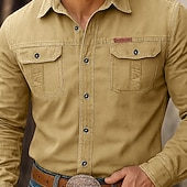 Недорогие Мужские рабочие рубашки-Муж. Западная рубашка Рубашка-карго Ковбойская рубашка Хаки Военно-зеленный Длинный рукав Сплошной цвет Полотняное плетение Отложной Для занятий спортом Повседневные Карман Одежда