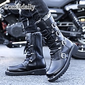 abordables Botas de combate-Botas militares negras para hombre con múltiples hebillas: botas resistentes de piel sintética para actividades casuales y al aire libre.