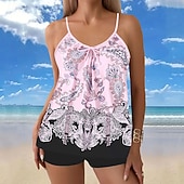 お買い得  タンキニ-女性用 スイムウェア 2ピース ショーツ 水着 バックレス 旅行度假风 ビーチウェア フラワー グラフィック Ｕネック ノースリーブ 水着