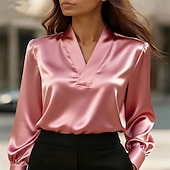preiswerte Schicke Blusen-Damen Hemd Elegant Satin-Top Bluse Gerafft Patchwork Drapiert Einfach Elegant Vintage Niedlich Langarm V Ausschnitt Normale Oberteile Täglich Arbeit Ferien Schwarz Weiß Rosa Khaki Herbst Winter