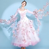 cheap Competition Wear-Women's Elegant White Pink Floral Ballroom Dance Dress Rhinestone Applique Off-Shoulder Waltz Tango Modern Rumba Competition Performance Gown