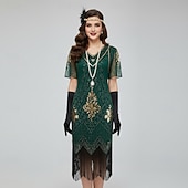 halpa 1920-luvun mekot-Setti Möly 20s 1920-luku Polvipituinen Mekko Asut Tarvikesarja lisävarusteiden kanssa Lyhyet hihat Suuri Gatsby Häävieras Paljetti Tupsu Paljetti Tupsu V kaula-aukko Naamiaispuku Naisten Karnevaali