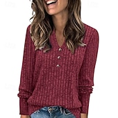 tanie gładka koszulka-Damskie Podkoszulek Koszulka Guziki Jednokolorowe Elegancki Klasyczny Codzienny Długi rękaw W serek Zwykłe topy Codzienny Wyjściowe Weekend Czarny Zieleń wojskowa Czerwony Brązowy Khaki Wiosna Jesień