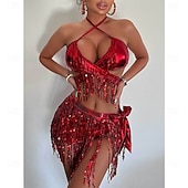 economico Top e Set-Costumi da ballo Samba Set di top corto a frange argentate e gonna mini plissettata metallizzata per donne - Outfit da festival rave per carnevale Costumi per performance