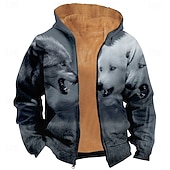 abordables Imprimé animalier-Homme Loup Polaire Sweat à capuche Veste Sweatshirt Classique Militaire Chasse manche longue Col ras du cou Extérieur Camping Noir Bleu de minuit Gris Gris 2 Zip Up Automne Hiver Designer S M L XL
