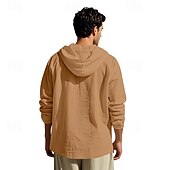 cheap Men's Popover Shirts-Men's Shirt Popover Shirt Summer Shirt Casual Shirt Beach Shirt Black White Yellow Navy Blue khaki Long Sleeve Solid Color Hooded Vacation Casual Drawstring Clothing Apparel Fashion Casual Comfortable