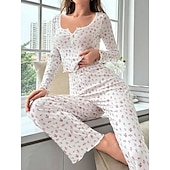 billige Søvnoverdeler og -nederdeler for kvinner-Dame Pyjamas Sett Fritid Komfort Blomstret Elastisk midje Bukse Hjem Daglig Langermet U-hals Hvit Gul Rosa Lilla Vår Høst Normal