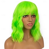  Green Wigs Synthetic Wig Curly Bob With Bangs Short Green Synthetic Hair Women Soft Fashion