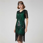 economico Abiti degli anni '20-Anni Ruggenti Anni 1920 Lunghezza al ginocchio Vestito Abito Flapper Abito da Ballo Maniche corte Il grande Gatsby Charleston Invitato al matrimonio Paillettes Frangia con nappe Scollo a V Costume