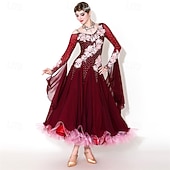 abordables Vêtements de Compétition-Women's Elegant Ballroom Dance Dress Rhinestone Floral Applique Waltz Tango Modern Rumba Competition Performance Gown Maroon