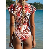 levne Jednodílné plavky-Dámské jedndílné plavky zeštíhlující zip přední palm monokini kontrola břicha vysoký pas slim dovolená plážové oblečení květinové listy kulatý výstřih krátké rukávy plavky