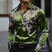 cheap Men's Satin Shirt-Men's Floral Print Ethnic Flowers Shirt Satin Shirt Dress Shirt Long Sleeve Vintage Retro Vacation Dailywear Summer Spring Fall Turndown 3D Print Button Up Shirts Blue Dark Red Dark Green Green