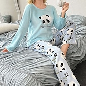 abordables Vêtements de détente pour femmes-Femmes Loungewear Ensemble Pyjama Mode Occasionnel Dessin animé Panda Potiron Taille Élastique Pantalon Vacances Maison manche longue Col ras du cou Noir Blanche Orange Bleu clair Automne Hiver Coupe