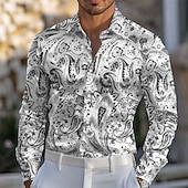 ieftine Cămașă din satin pentru bărbați-Bărbați Imprimeu Paisley Έθνικ Cămașă din satin Cămașă de Costum Camașă cu nasturi Manșon Lung Moda Casual Vacanță Zilnic Serată Vară Primăvară Toamnă Răsfrânt Cămăși cu guler Imprimare 3D Albastru