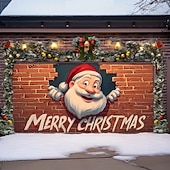 billige Garasje- og dørbanner-Jul tapet Garasjeportdeksel Stor opphengning julenissen god jul søt stil 3D Party Utendørs Ferie Bakgrunner for skyting Yard Hjemmedekor