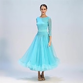 economico Sala da Ballo Standard-Abito da allenamento per ballo da sala da donna, elegante, nero, con maniche in pizzo, scollo a barca, valzer, tango, rumba moderna