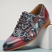 cheap Elemental Dress Shoes-Men's Black Leather and Floral Pattern Lace-up Shoes - Fashion-forward Footwear for Semi-formal Gatherings, Evening Parties and Trendy Casual Wear