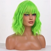  Zielone Peruki Syntetyczne Peruka Kręcona Falowana Bob z Grzywką Krótkie Zielone Syntetyczne Włosy dla Kobiet Miękka Moda