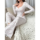 billige Søvnoverdeler og -nederdeler for kvinner-Dame Pyjamas Sett Fritid Komfort Blomstret Elastisk midje Bukse Hjem Daglig Langermet U-hals Hvit Gul Rosa Lilla Vår Høst Normal